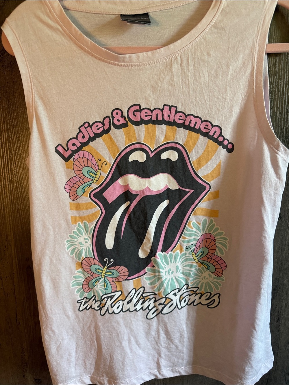 the Rolling Stones Pink Graphic Tank Top with Multicolor Tongue Logo